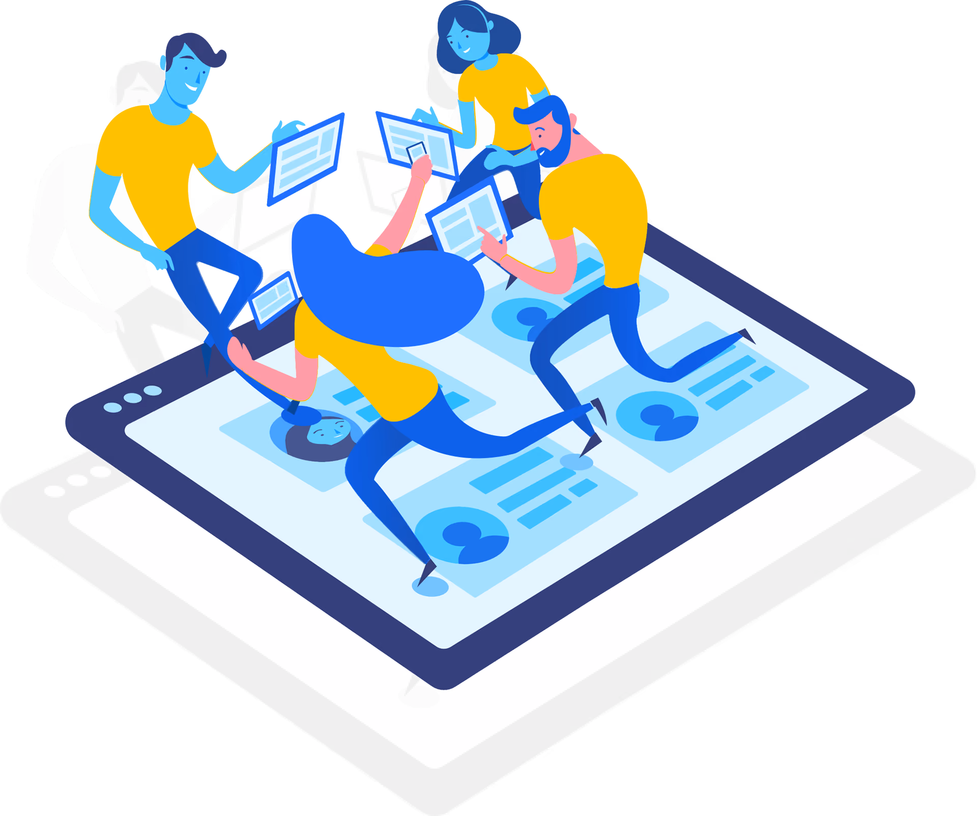 Illustration of people in yellow shirts interacting with floating digital profiles on a giant tablet screen.