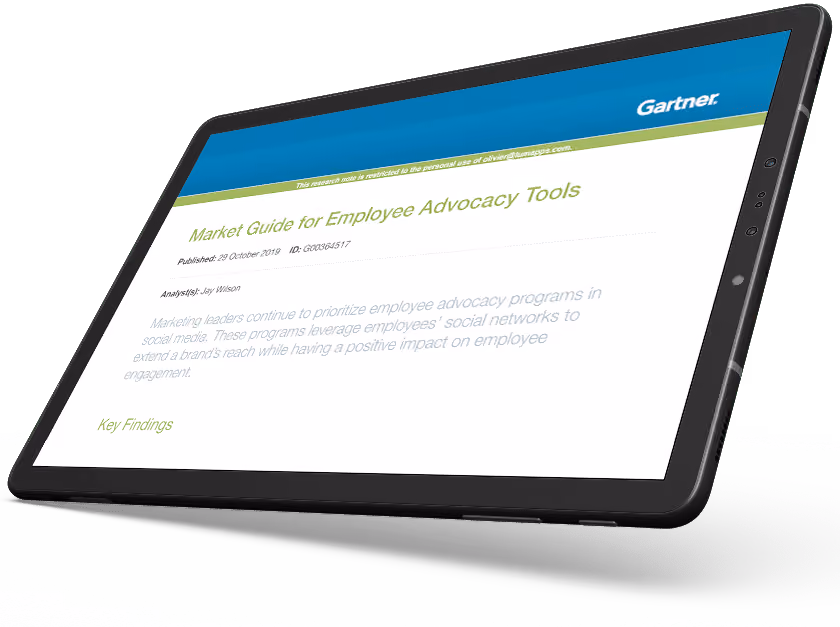 Tablet displaying Gartner report titled 'Market Guide for Employee Advocacy Tools' dated October 2019.