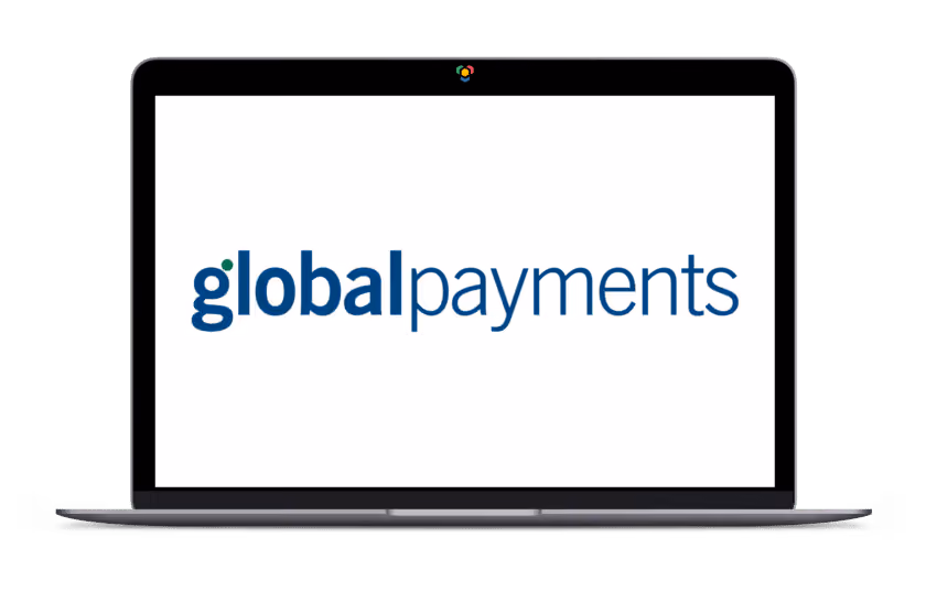 Laptop screen displaying the Global Payments logo in blue and green text on a white background.