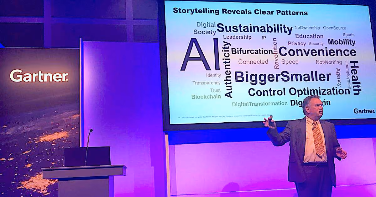 Presenter on stage at Gartner event with word cloud on screen featuring AI, Sustainability, Convenience, Bigger, Smaller.