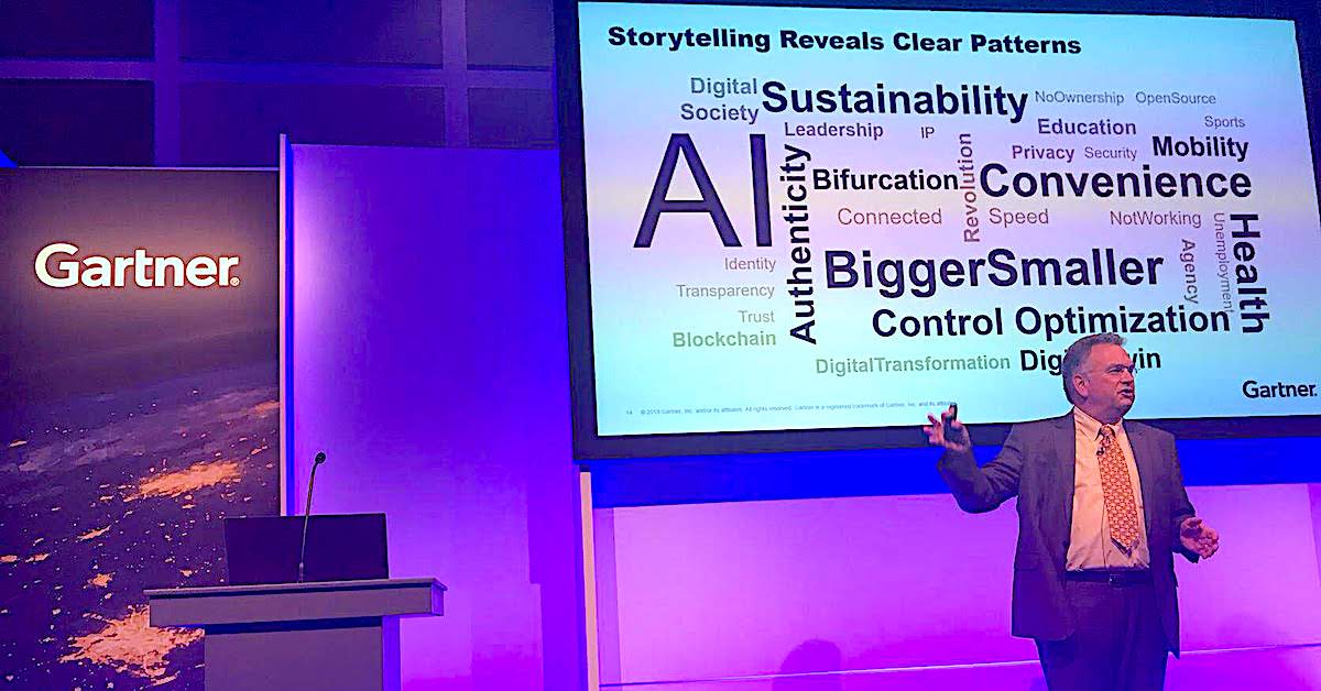 Presenter on stage at Gartner event with word cloud on screen featuring AI, Sustainability, Convenience, Bigger, Smaller.
