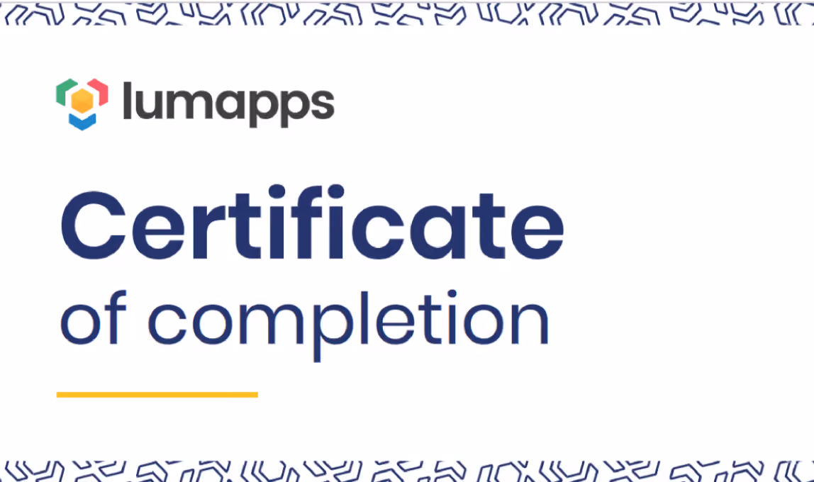 Lumapps logo above the bold text Certificate of completion with patterned borders top and bottom.