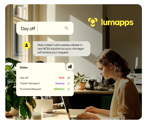 Woman working on laptop with Lumapps HCM ticket creation interface showing request statuses.