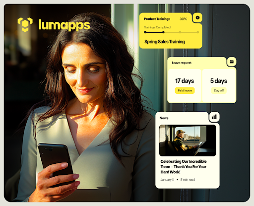 Woman looking at phone with Lumapps logo and dashboard showing training, leave request, and news.
