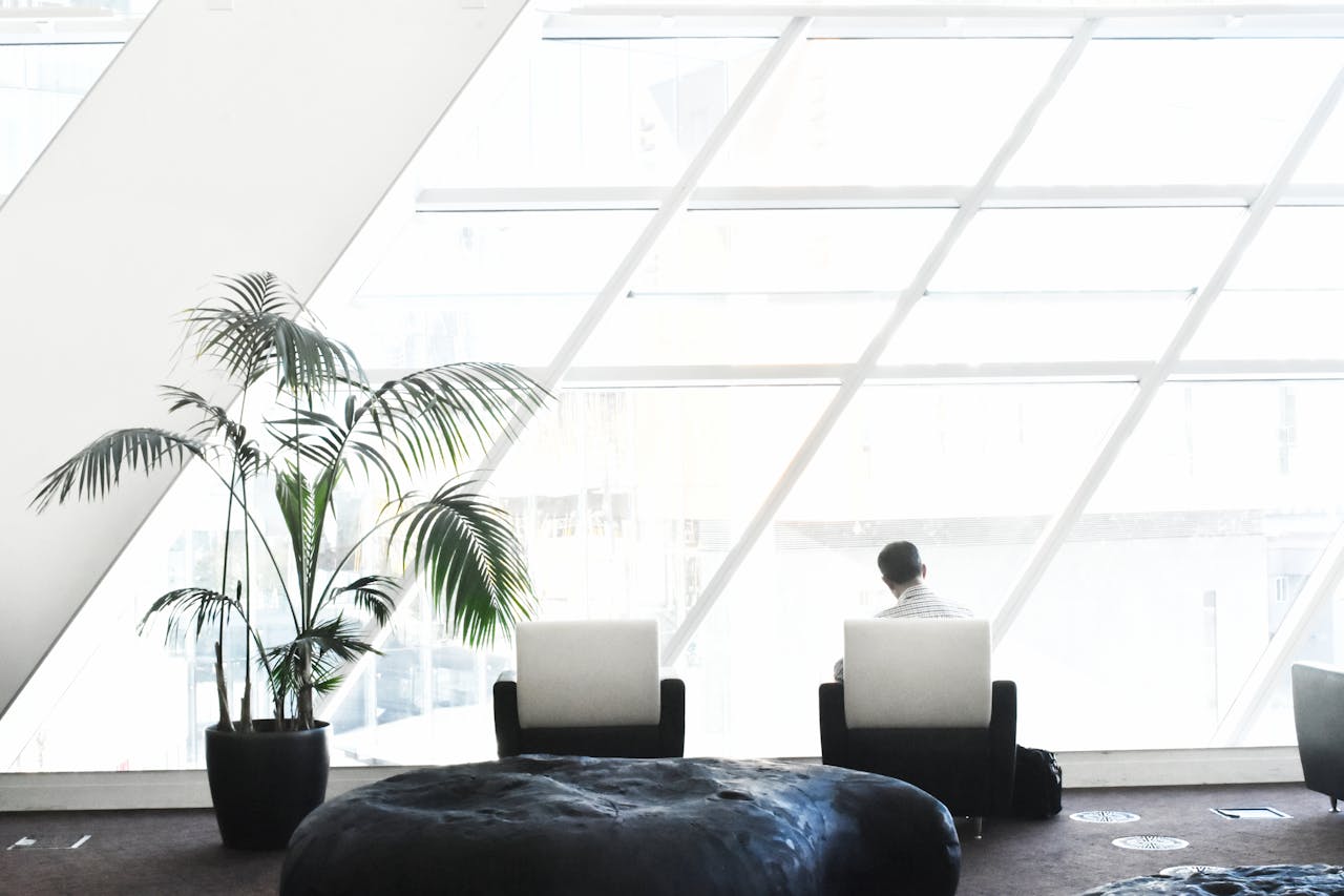 Man sitting on a chair facing large slanted windows in a bright modern room with plants and cushions.