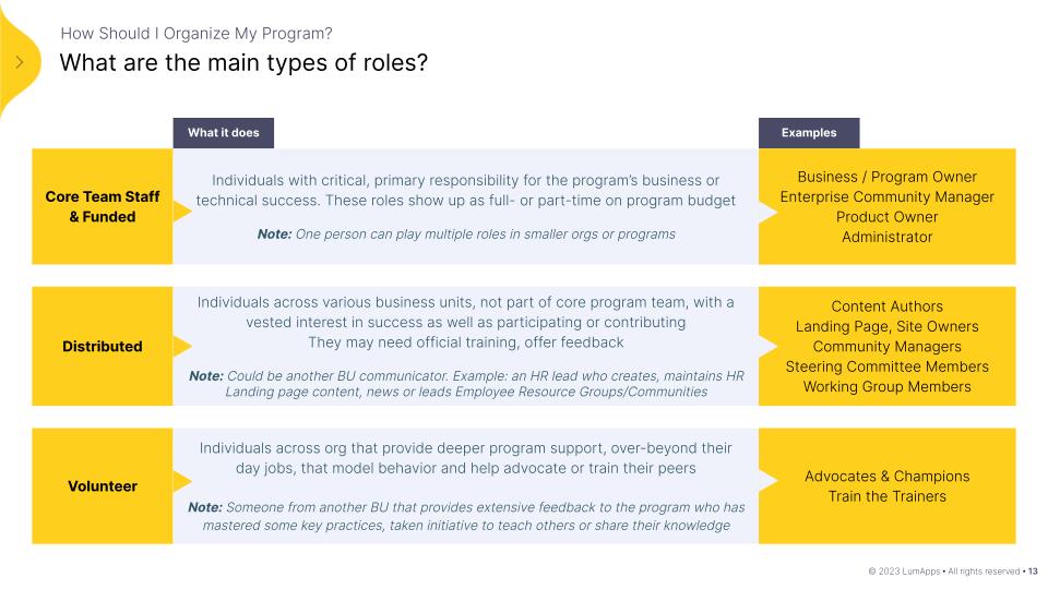 main types of roles for intranet governance include core team staff and funded, distributed, volunteer