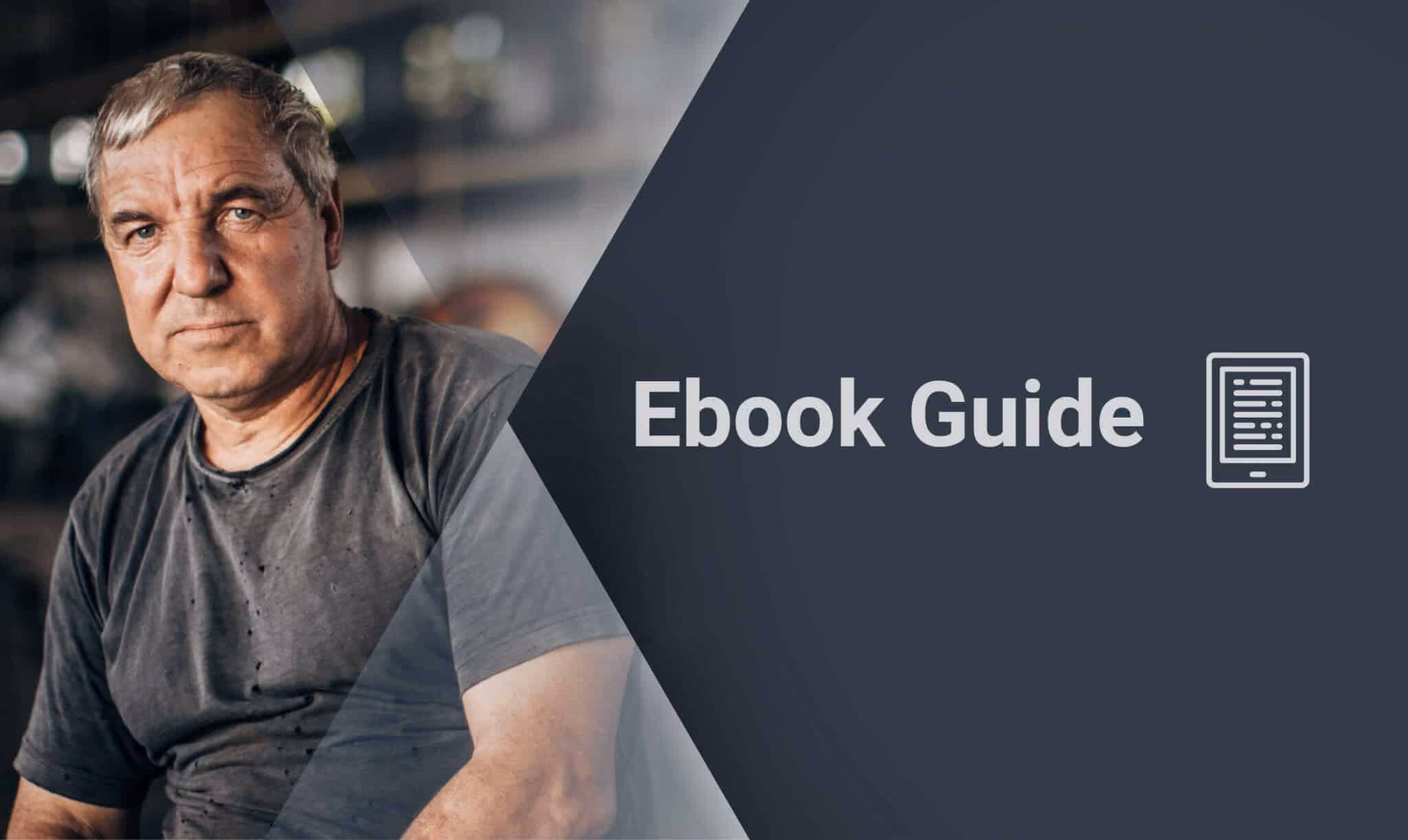 Older man with sweaty shirt sits on the left; text reads 'Ebook Guide' with an ebook icon on the right.