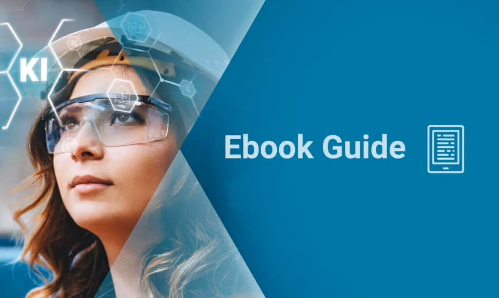 Woman wearing safety glasses and helmet with digital icons near text reading Ebook Guide