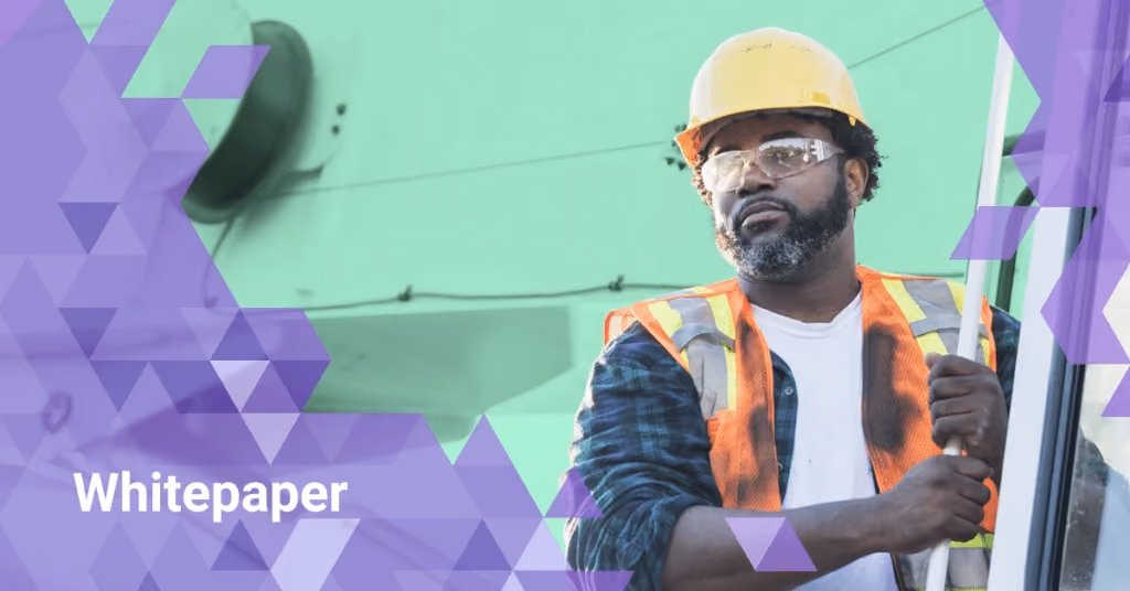 Man in yellow safety helmet and vest holding a pole, with whitepaper text on purple geometric overlay.