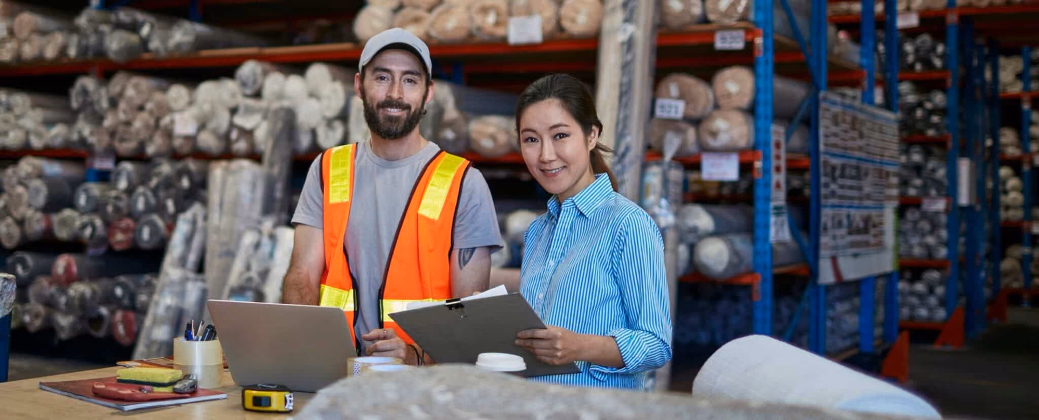Two workers stand in a warehouse; one wears a safety vest and cap, while the other holds an SOP clipboard. Large rolls of material are stacked on shelves in the background. Beekeeper