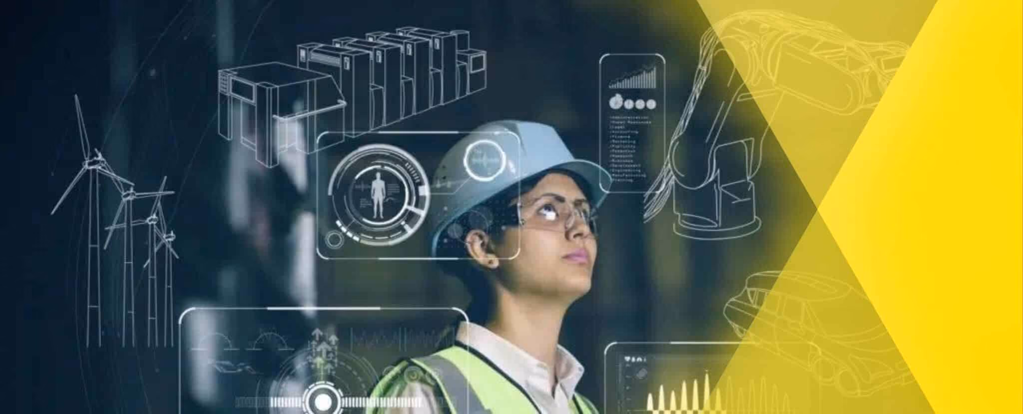 Person in safety gear and helmet looks at a digital interface displaying data graphs, wind turbines, and industrial equipment—highlighting operational excellence in modern industry. Beekeeper