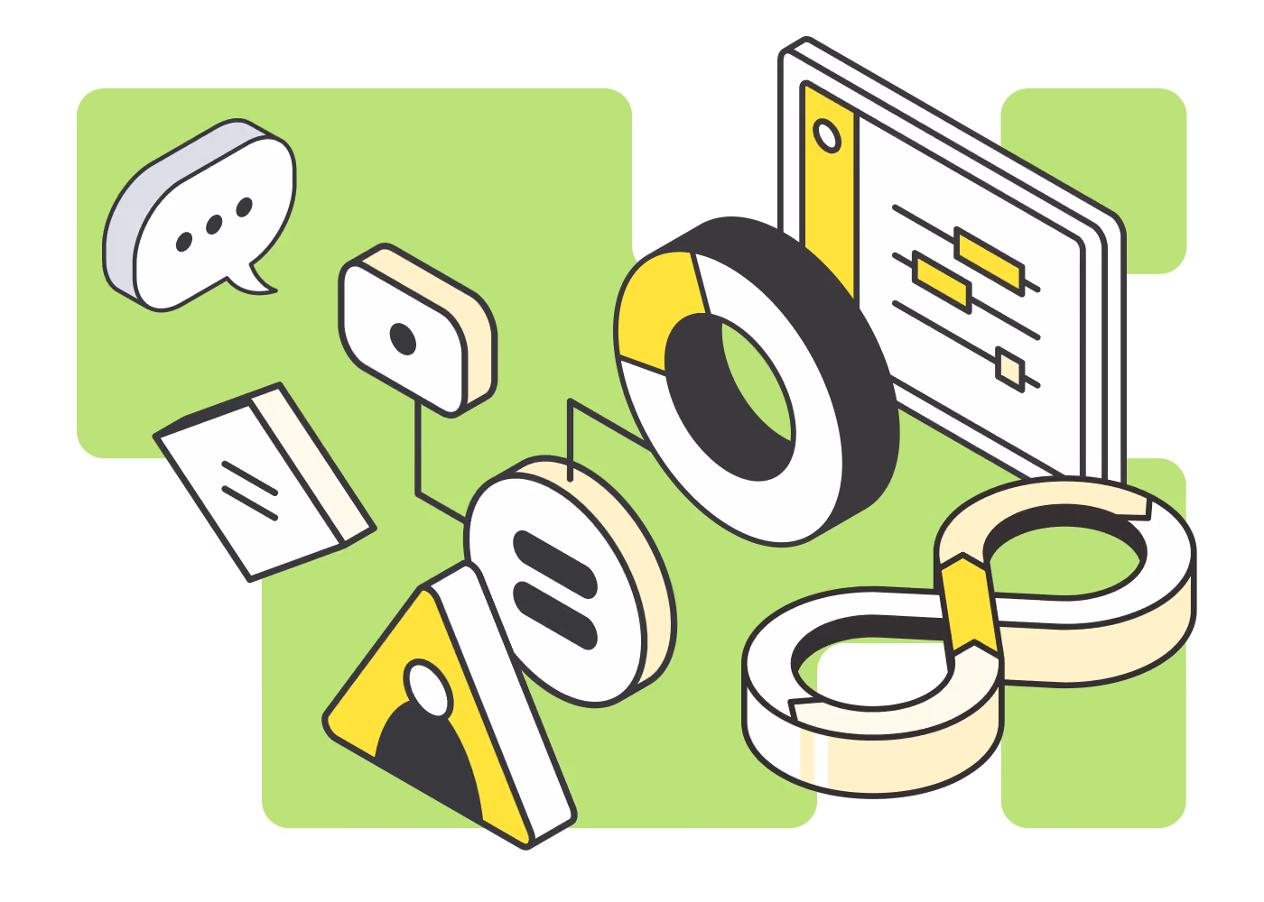 Isometric icons representing communication, data analytics, user profile, and continuous workflow integration.