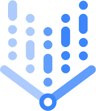 Abstract design with blue vertical bars and dots connected by an open V shape centered at the bottom.