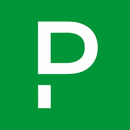 White letter P with a dot on a green background.