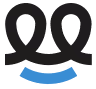 Abstract logo with two black loops above a blue curved line, resembling a smile.