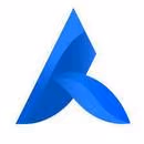 Abstract blue 3D shape resembling an angular letter A with curved and pointed elements.