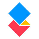Blue diamond shape overlapping a red diamond with a small yellow triangle at the bottom right corner.