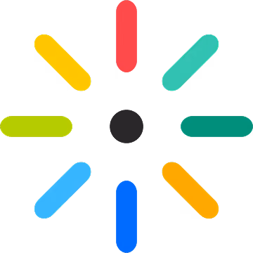 Colorful loading spinner with eight rounded bars radiating from a central black dot.