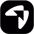 White abstract shape on black background resembling three curved arrows pointing inward.