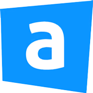Lowercase letter a in white on a tilted blue square background.