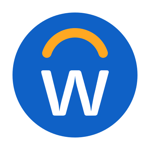 White letter W with an orange arc above on a solid blue circular background.