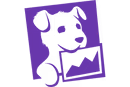 Purple stylized dog head icon with geometric shapes on a purple background.