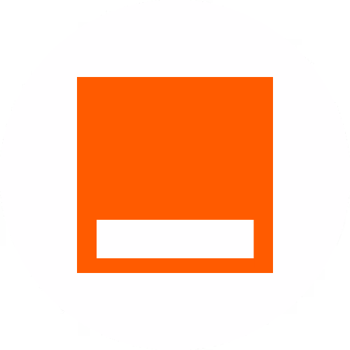 Orange square with a small white rectangle near the bottom inside a white circular background.