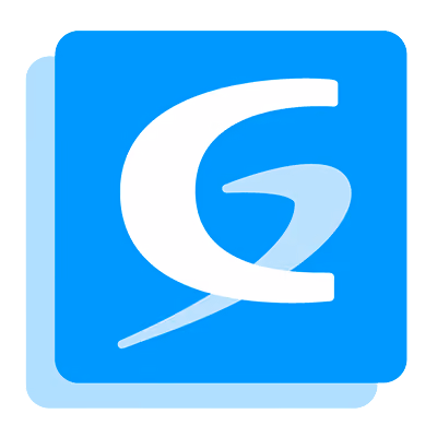 Stylized white letter G on a bright blue square with a light blue shadow square behind it.