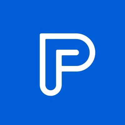 White stylized letter P logo on a blue background.