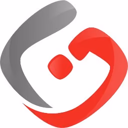 Abstract logo with interlocking curved shapes in gray and red forming a stylized design.
