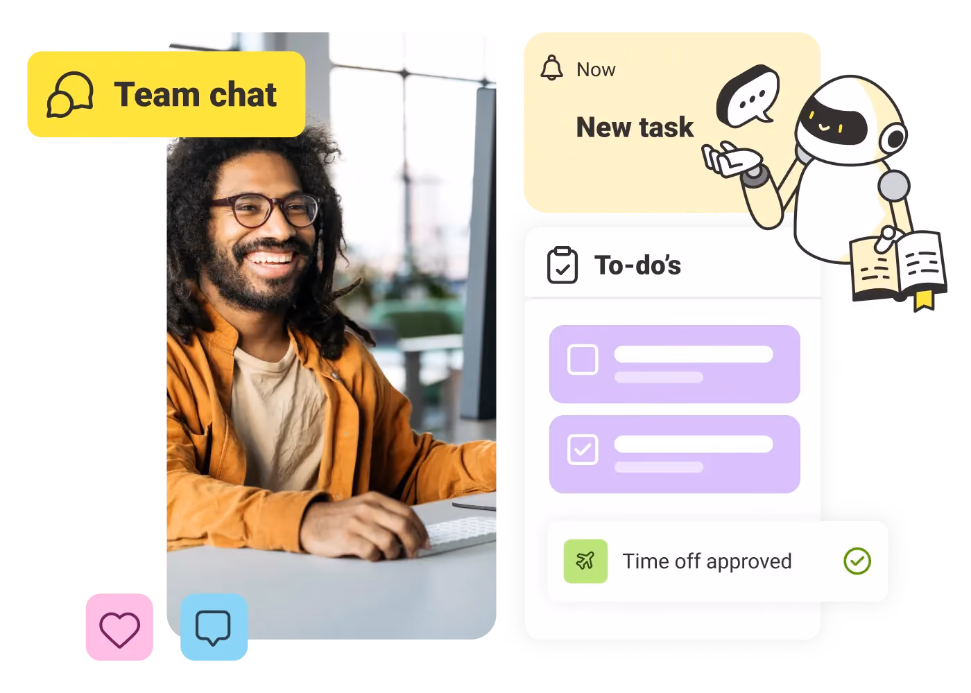 Smiling man at computer with team chat, to-do list, new task notification, and time off approved note.