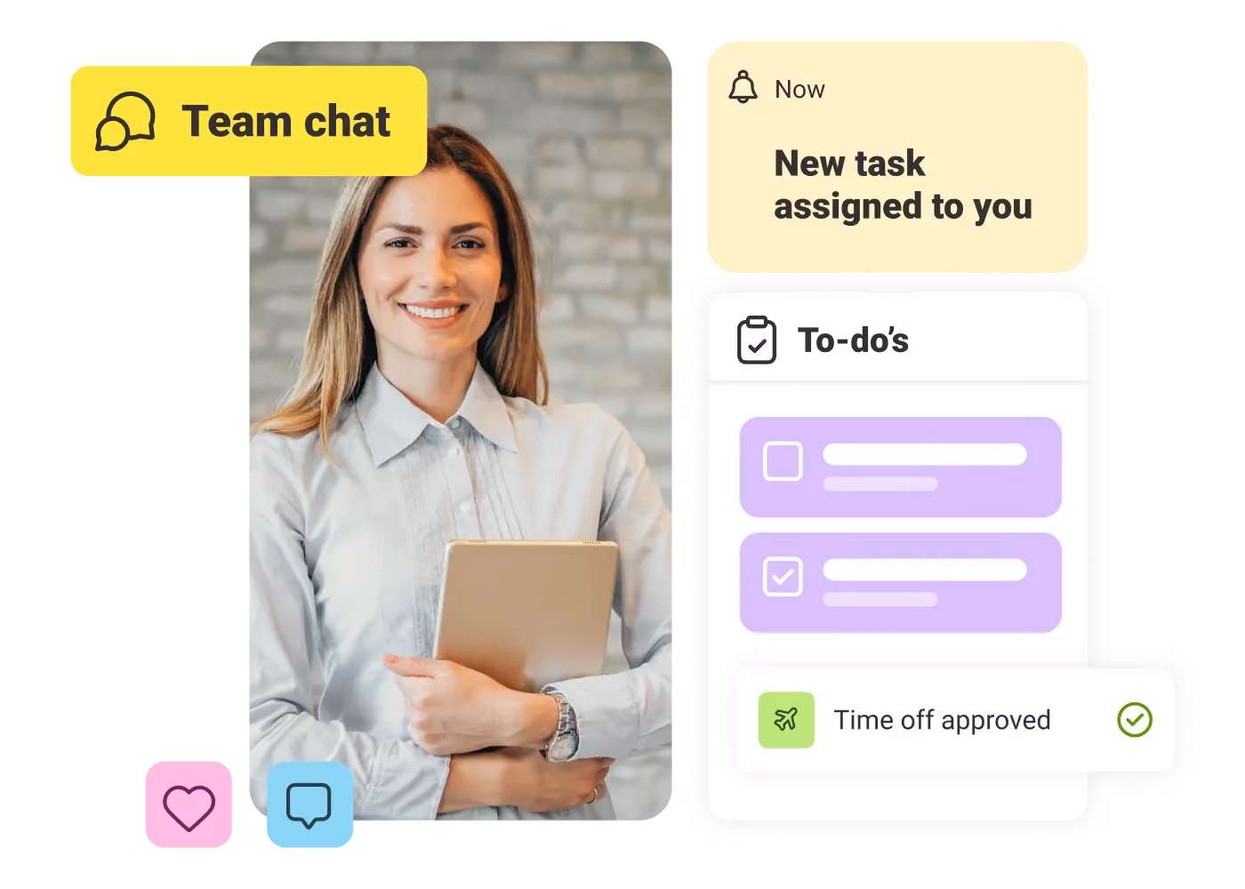 Smiling woman holding tablet with task notifications: team chat, new task, to-dos, and time off approved.