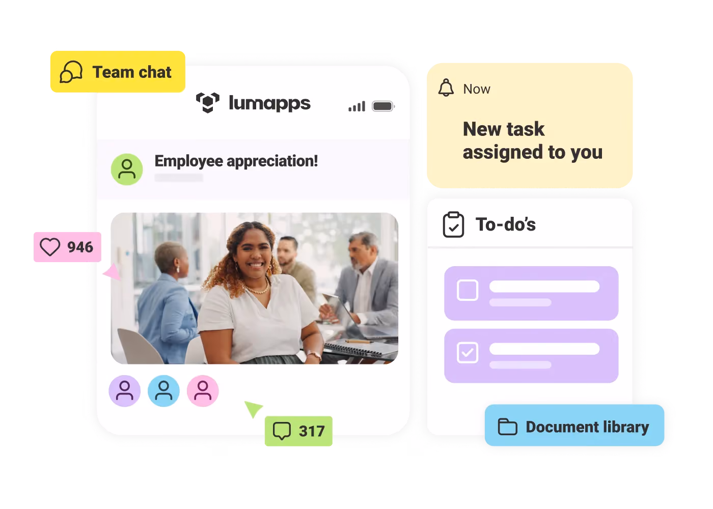 Employee appreciation chat with a smiling woman and notifications for tasks, to-dos, and document library.