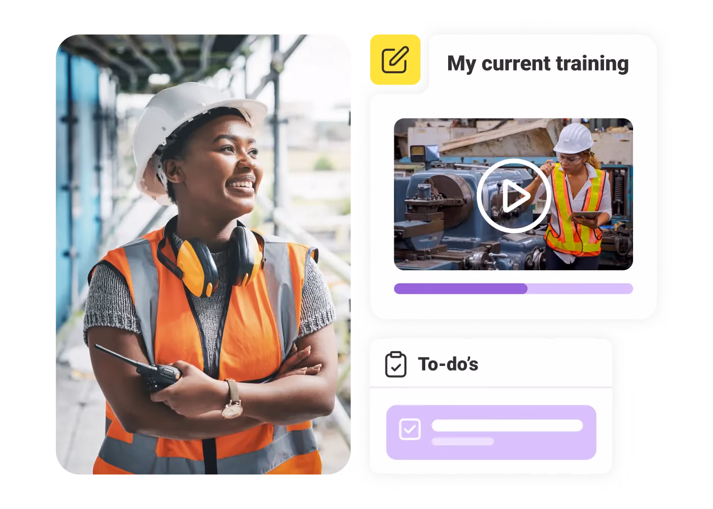 Smiling construction worker with helmet and orange vest next to a training video and to-do list interface.