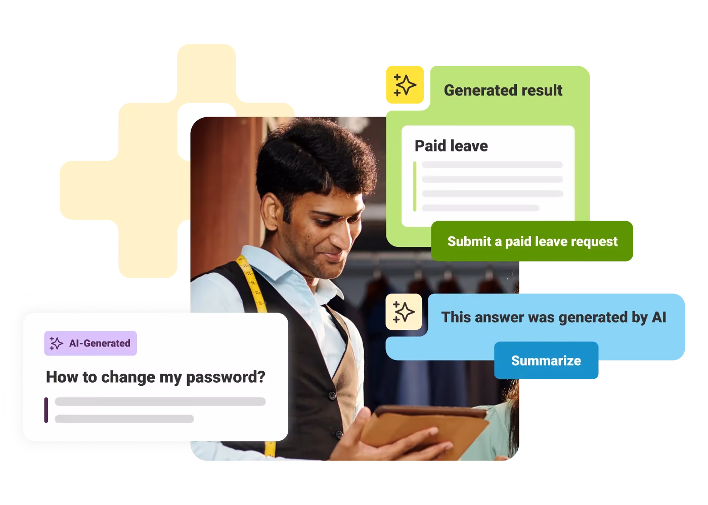 Man holding a tablet with AI-generated messages about password change and paid leave request features.
