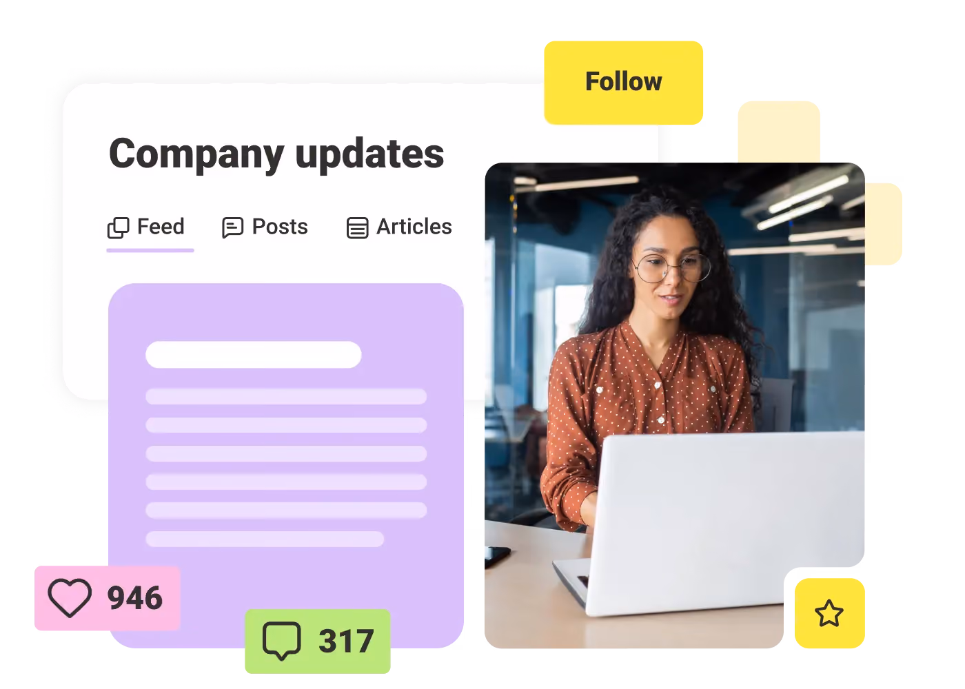 Woman with glasses in brown polka dot blouse working on laptop with company updates feed overlay.