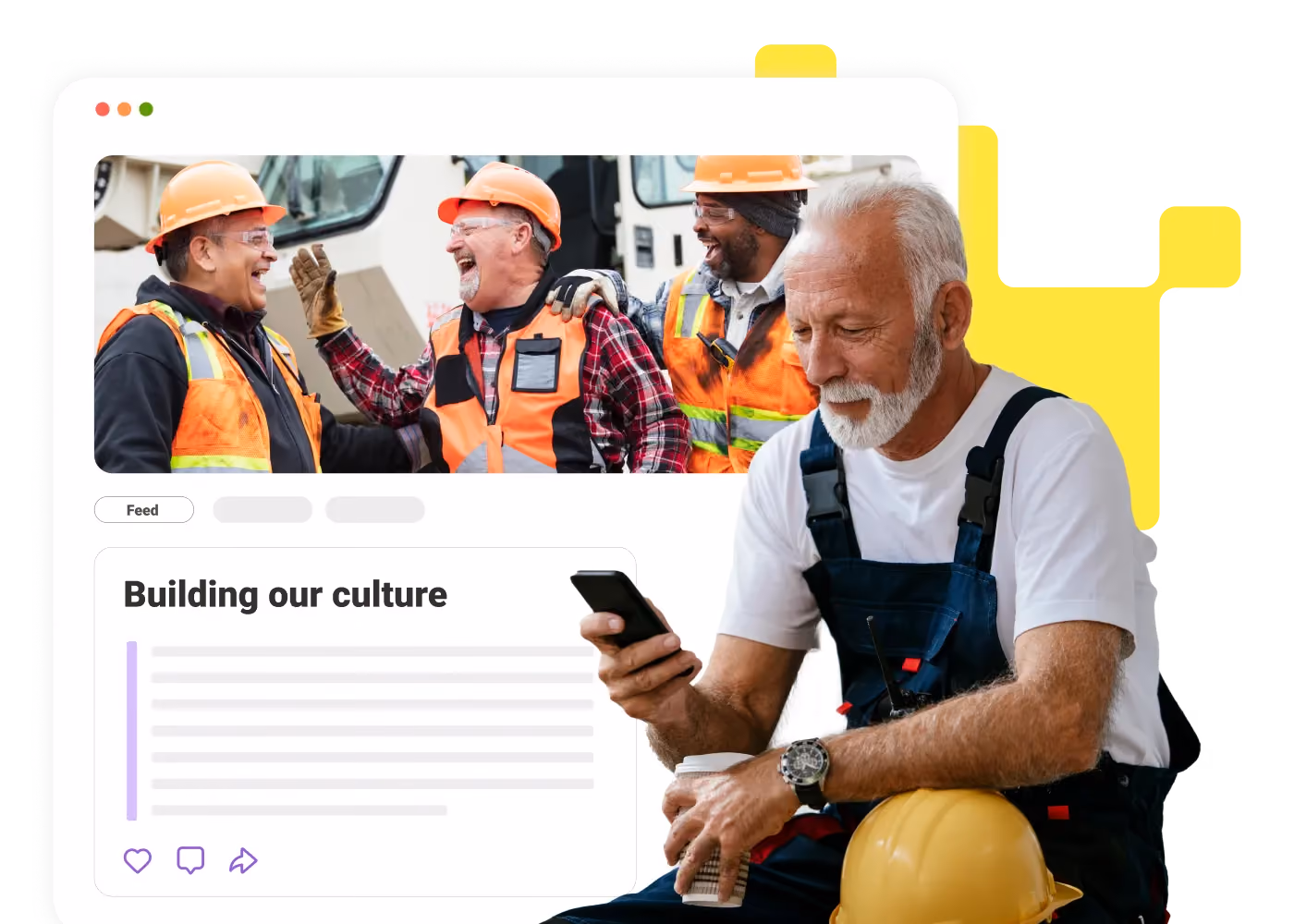 Older construction worker in overalls using phone and holding coffee with helmet on his knee