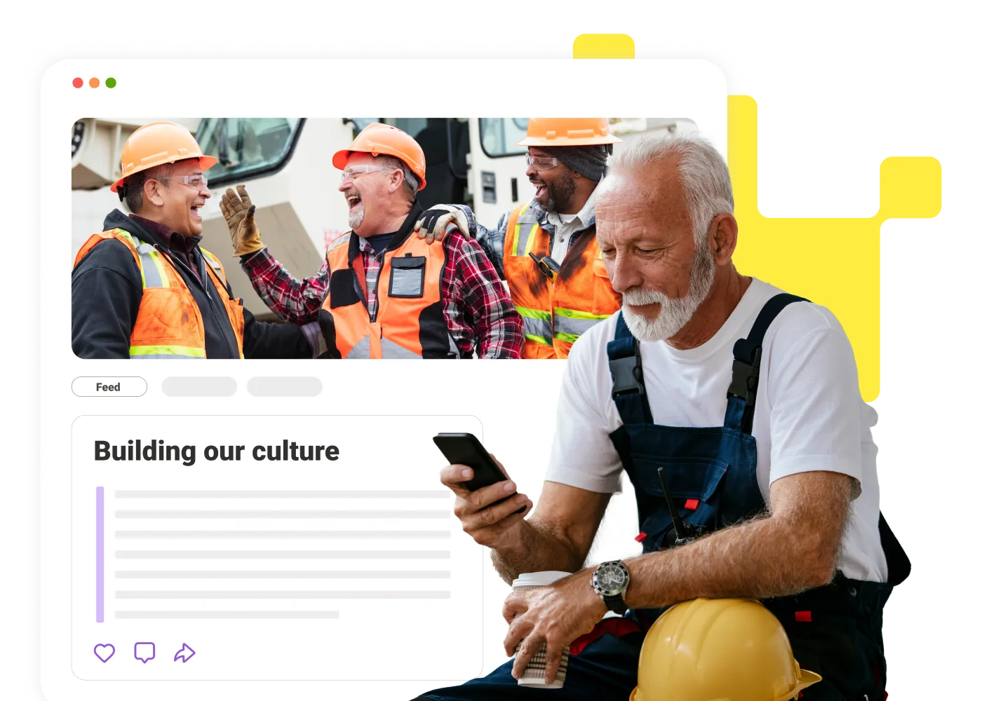 Older construction worker in overalls using phone and holding coffee with helmet on his knee