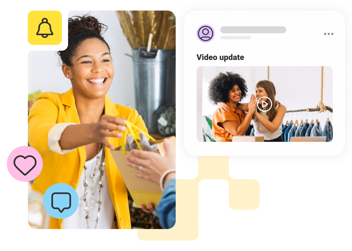 Smiling woman in yellow jacket handing a shopping bag, beside a screen showing two women high-fiving.
