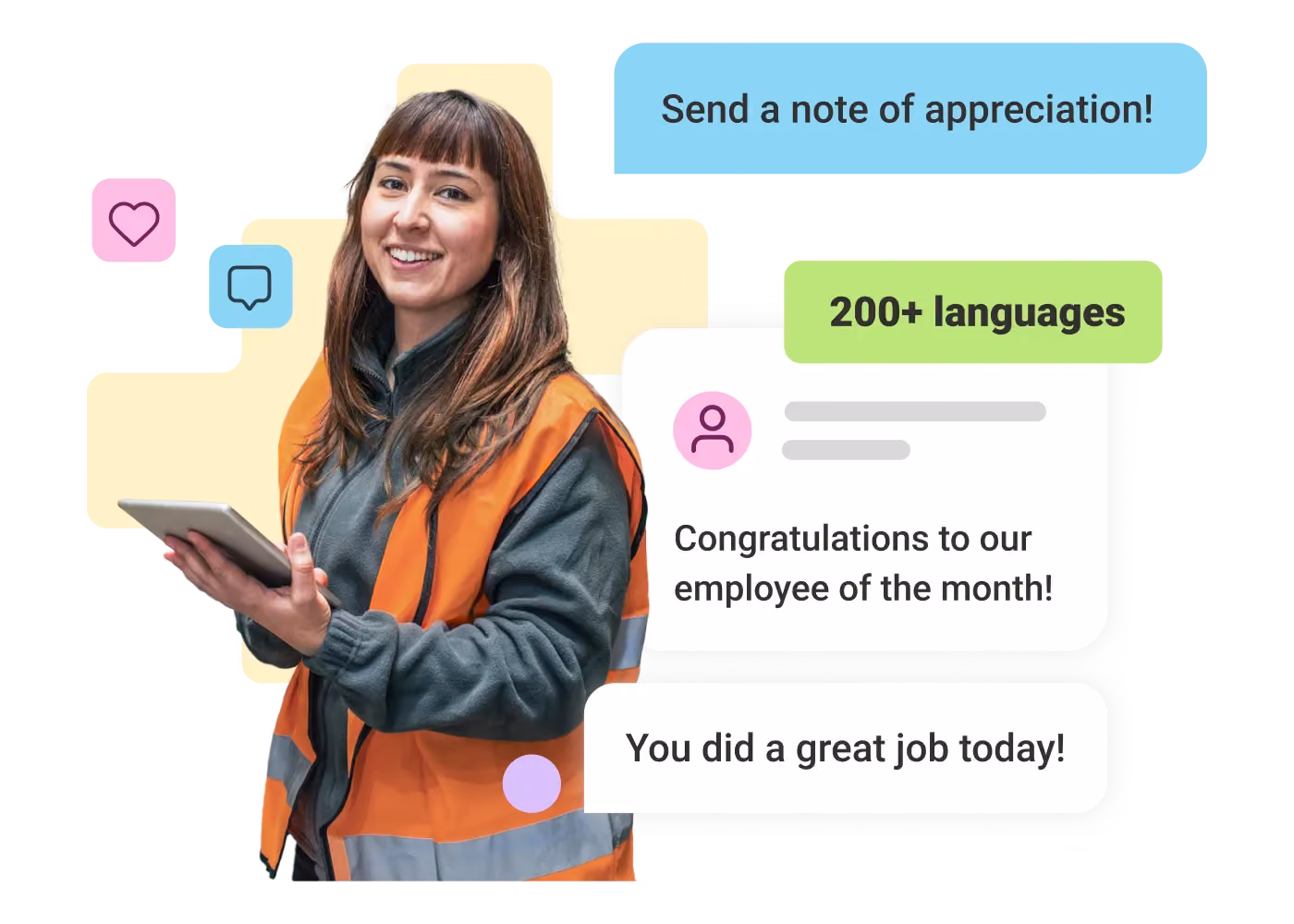 Smiling woman in orange safety vest holding tablet with employee appreciation messages around her.