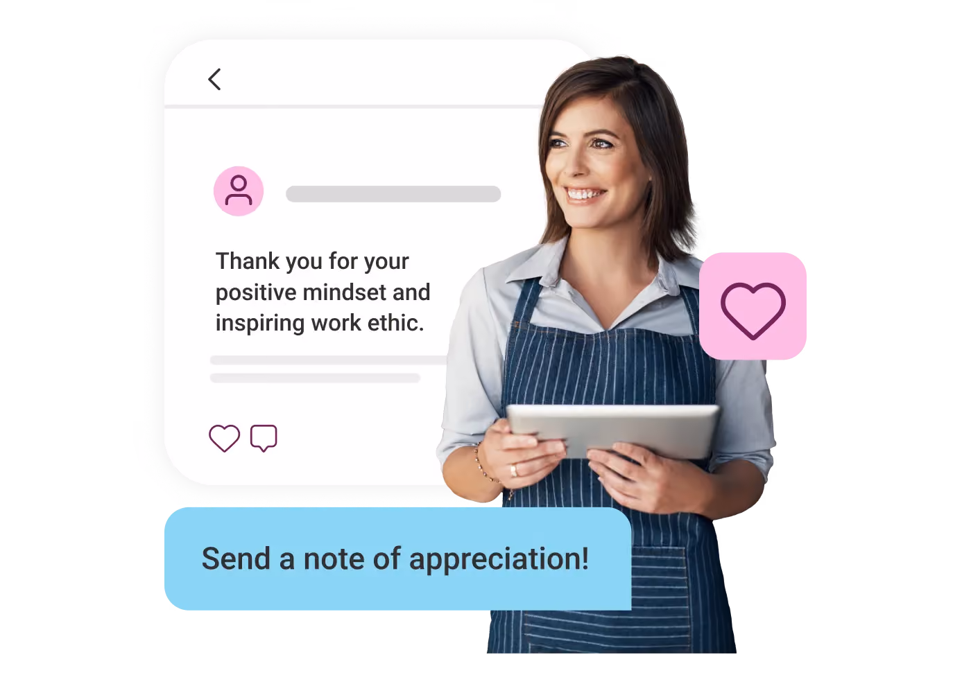 Smiling woman in apron holding tablet beside a message thanking for positive mindset and work ethic.