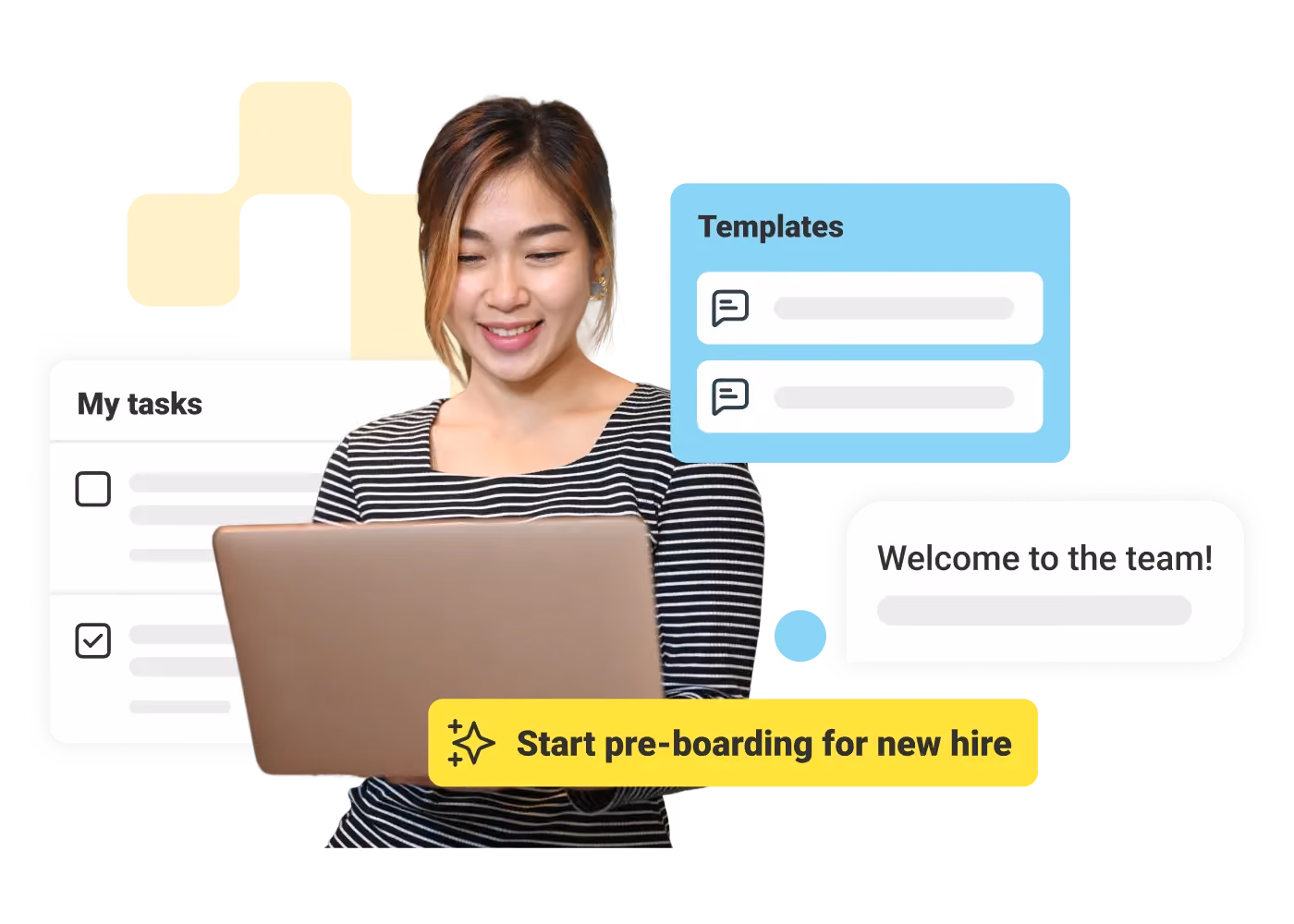 Woman using a laptop with task checklist, templates, welcome message, and pre-boarding prompt displayed.
