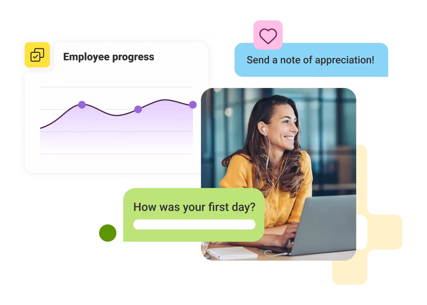 Smiling woman with earphones at laptop beside employee progress chart and appreciation message bubbles.