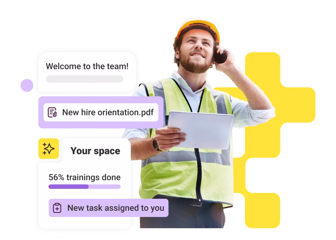 Construction worker in yellow vest and helmet holding tablet and talking on phone, with training progress overlays.
