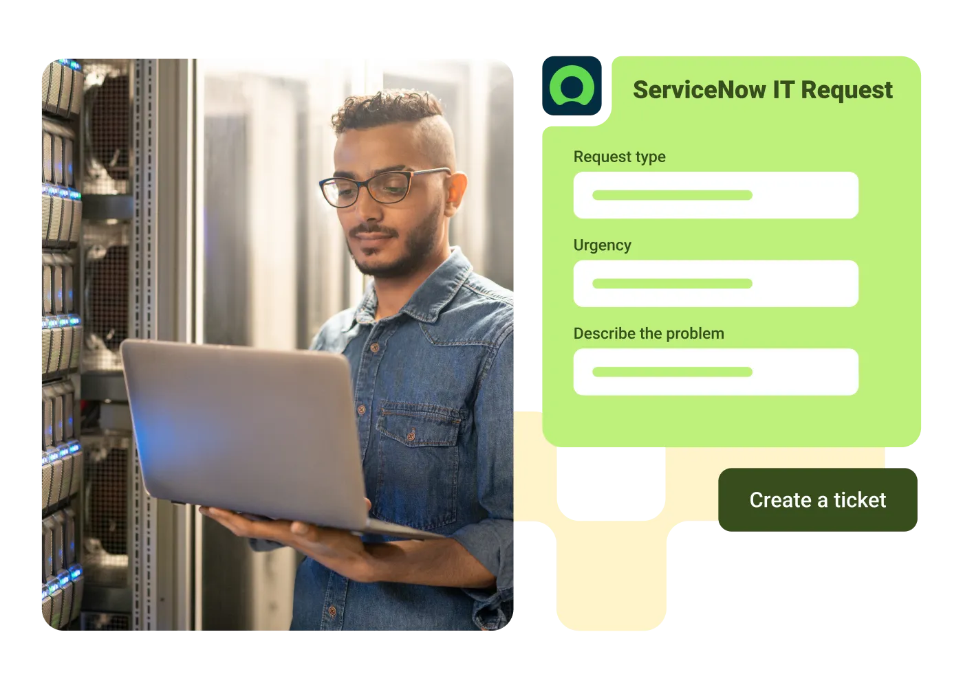 Man in denim shirt working on laptop in a server room with a ServiceNow IT Request form overlay.
