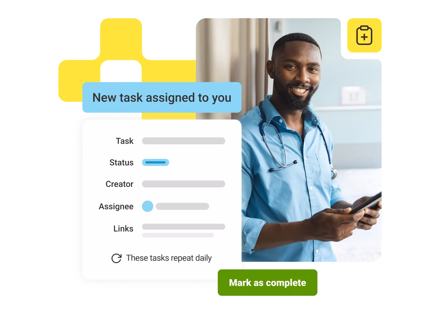 Smiling male healthcare worker in blue shirt with stethoscope holding a tablet next to task notification.