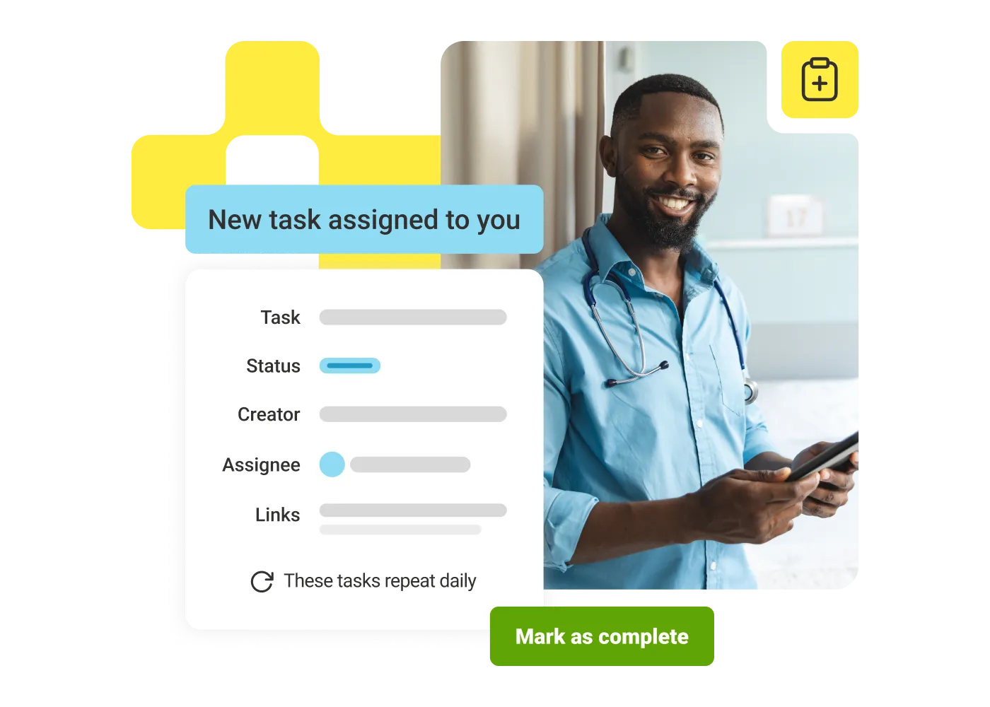 Smiling male healthcare worker in blue shirt with stethoscope holding a tablet next to task notification.