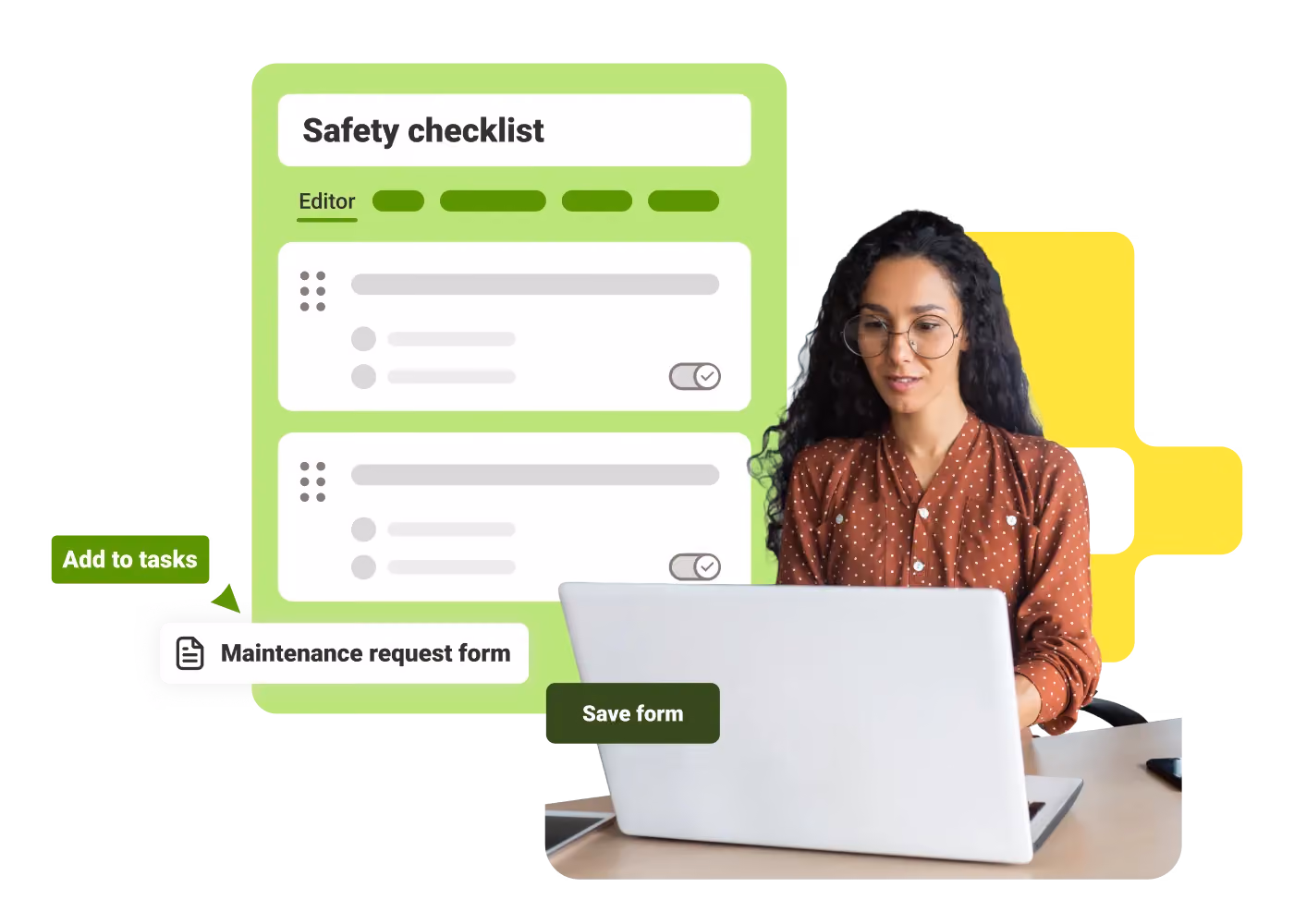 Woman with glasses using laptop, next to digital safety checklist and maintenance request form interface.