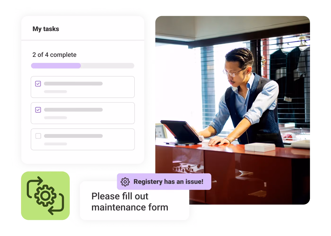 Man in glasses working on tablet at desk with tasks list and maintenance alert overlays.