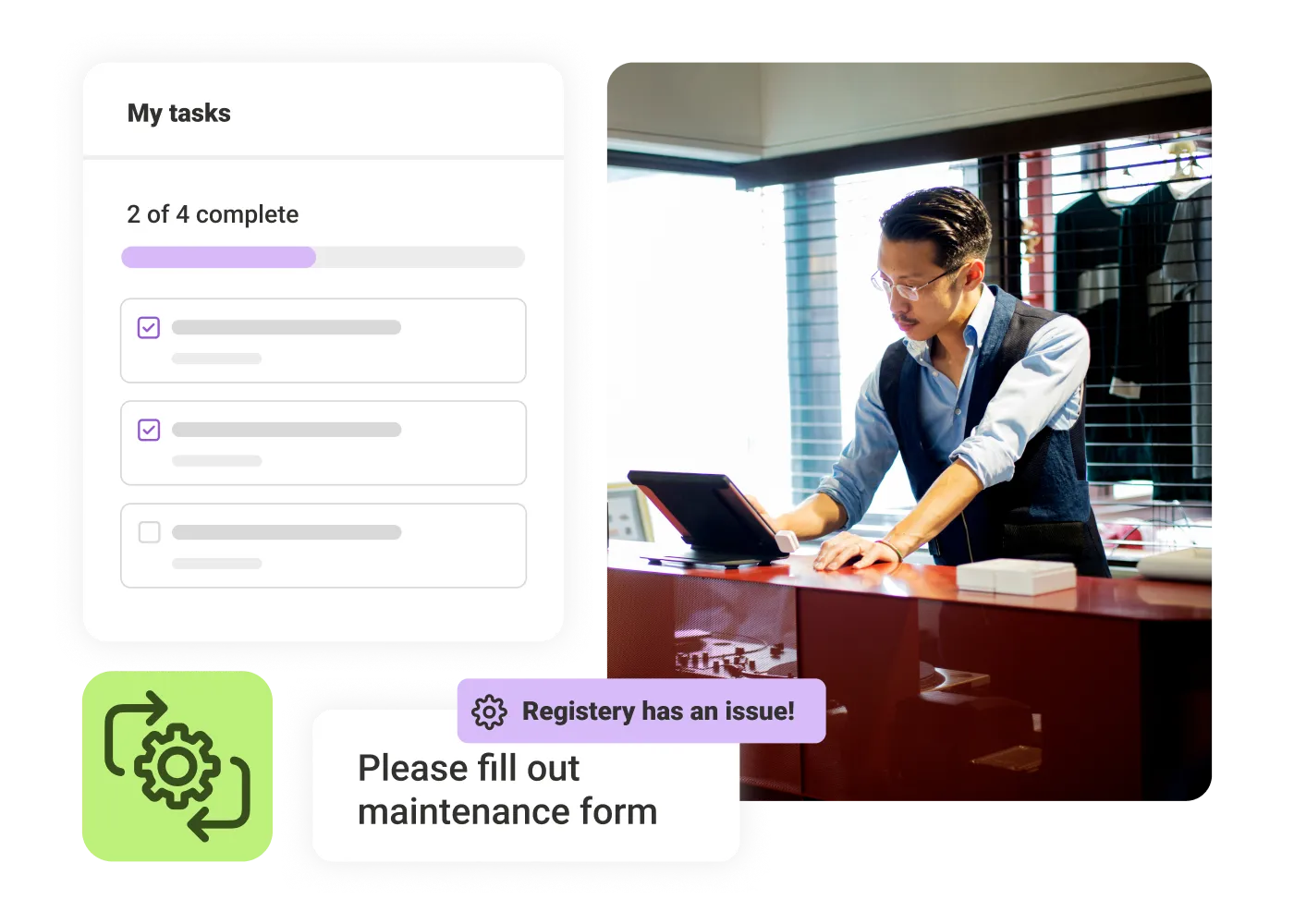 Man in glasses working on tablet at desk with tasks list and maintenance alert overlays.